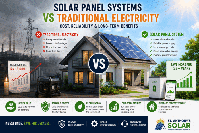 Comparison of solar panel systems and traditional electricity showing cost savings, reliable solar power, and energy independence in Sri Lanka