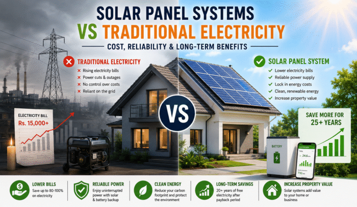 Comparison of solar panel systems and traditional electricity showing cost savings, reliable solar power, and energy independence in Sri Lanka
