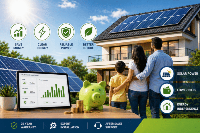 Sri Lankan family standing near a modern solar-powered home with rooftop solar panels and electricity bill savings concept